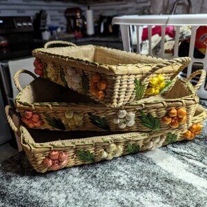 Vintage Paul Marshall 3 Raffia Straw Woven Nesting MCM Baskets  Coastal Beachy
